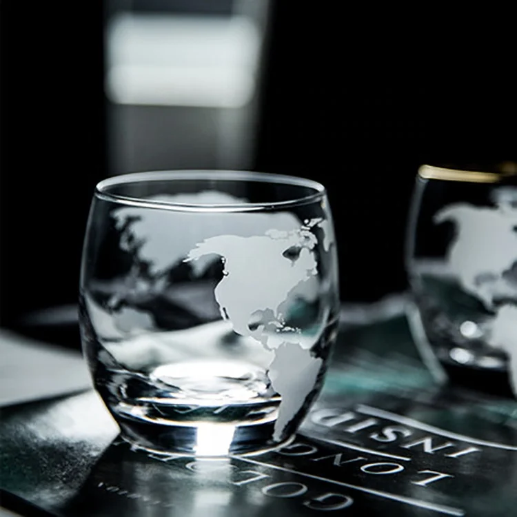 

Handmade strong clear custom reusable world map etched globe whisky glasses