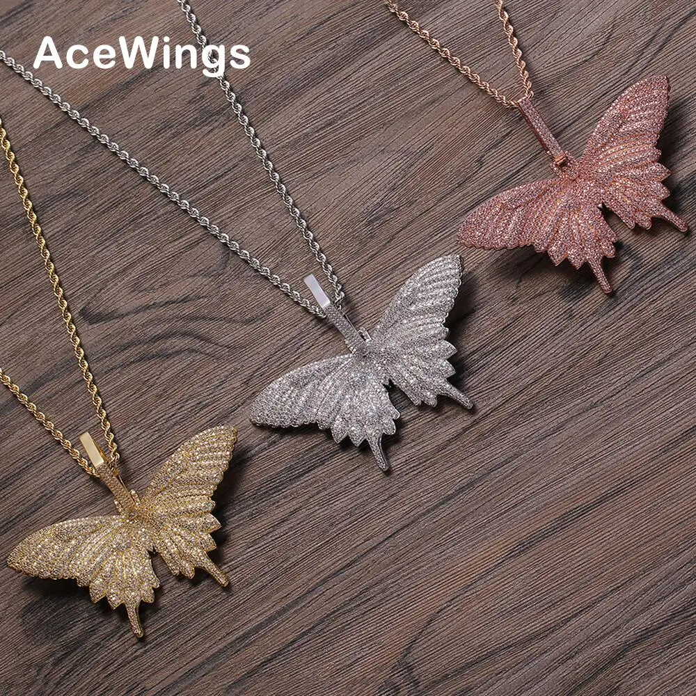 CN268  4 colors Large Size butterfly  Pendant Brass Zircon  Iced Out Cubic Zircon Necklace Hip Hop gift Jewelry bling bling