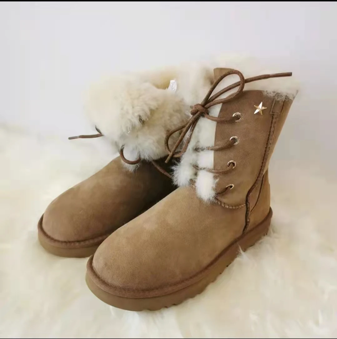 

New Fashion Women Boots Warm Mid-calf Winter Shoes Sheepskin Fur Snow Boots for Women, Brown
