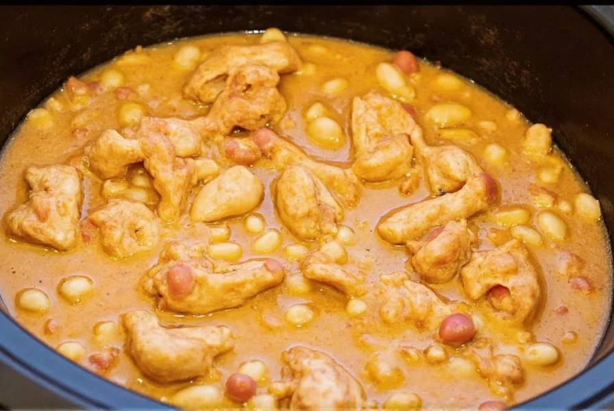 Slow cooker filled with creamy chicken chili showing tender chicken pieces, white beans, and vibrant spices