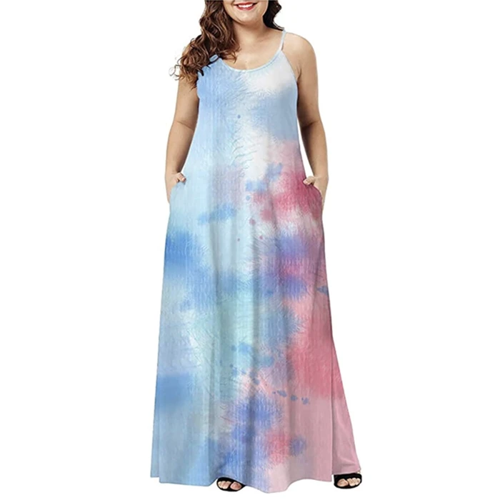 

Summer Plus size popular long dress without sleeves suspender floral skirt with side pocket, As picture or customize color