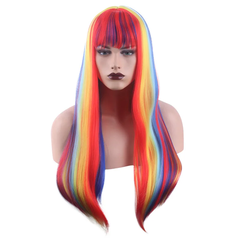 

Colorful Gradient Long Straight Hair Rainbow Colors Halloween Wig Anime Comic Exhibition Cosplay Hair High Temperature Silk Wigs, Pic showed