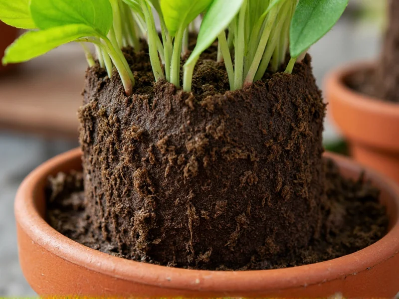 Close-up comparison of healthy indoor plant roots in properly aerated potting mix versus compacted garden soil