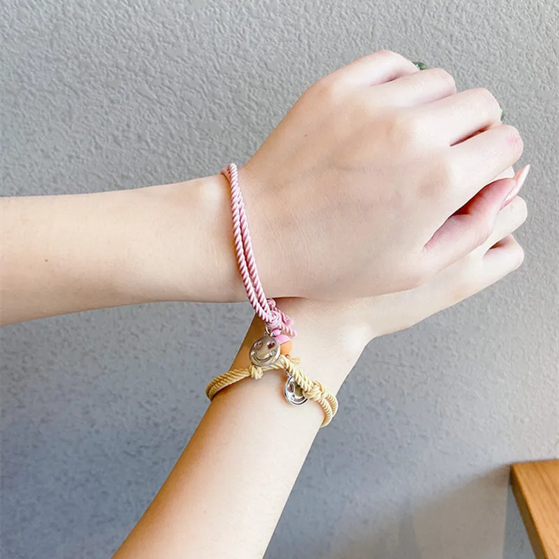 

Fashion Magnet Attracts Small Smiley Hair Rope Bracelet Couple Charm Bracelet 2pcs/set, 10 colors