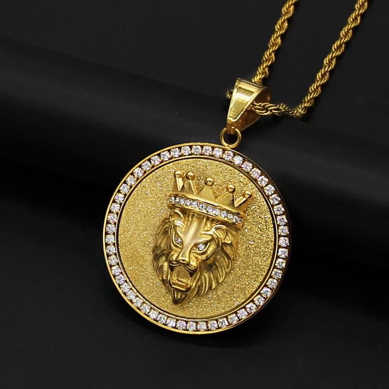 

Blues RTS hip hop Gold Plated Stainless Steel Rhinestone Crystal Paved Crown Lion King Round Coin Pendant