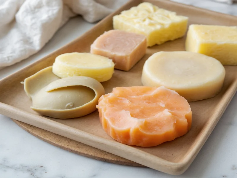 Handmade soap samples on wooden tray for market testing