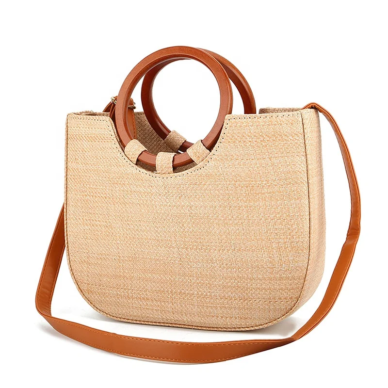 

Wooden handle rattan beach big handbag wild messenger female bag straw bag, Khaki,white