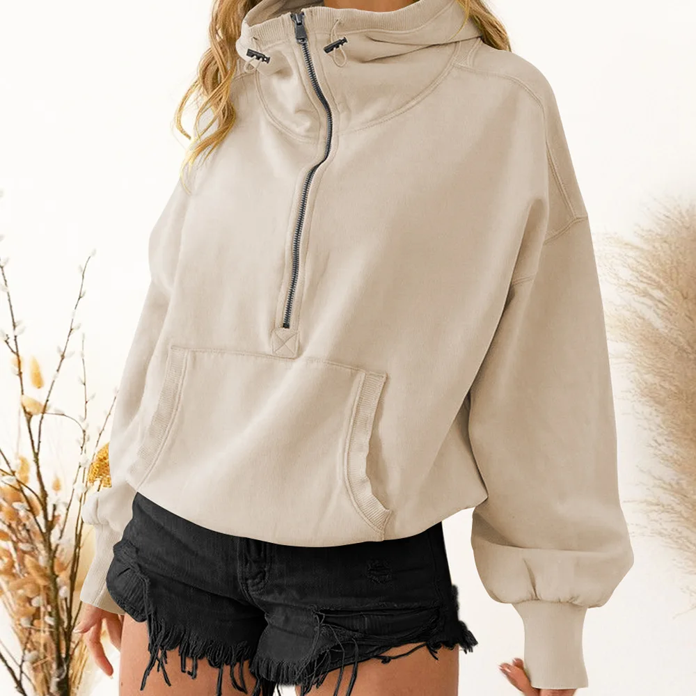 2025 Long Sleeve Solid Lightweight Pullover Tops Loose Half Zipper Sweatshirt With Pocket Women's Casual Hoodies