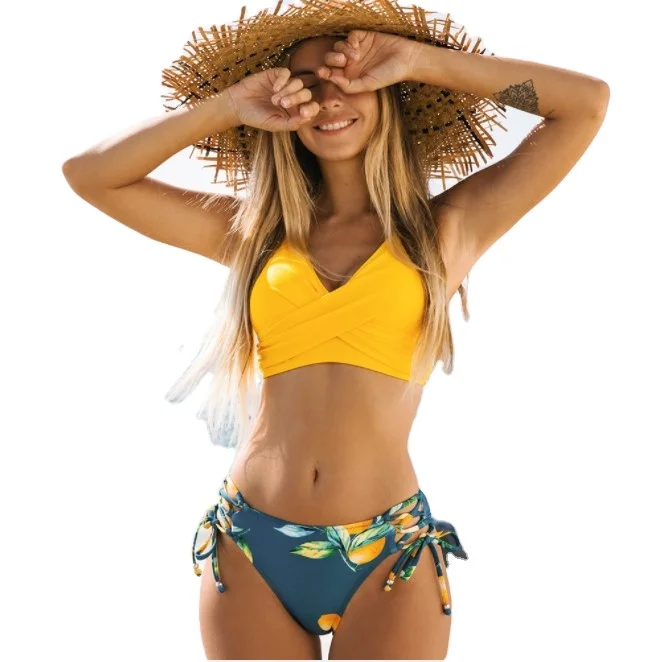 

Wholesale High Quality Printing Swimwear Yellow String Design Custom Logo Swimsuit Women Sexy Cover Up Bikini