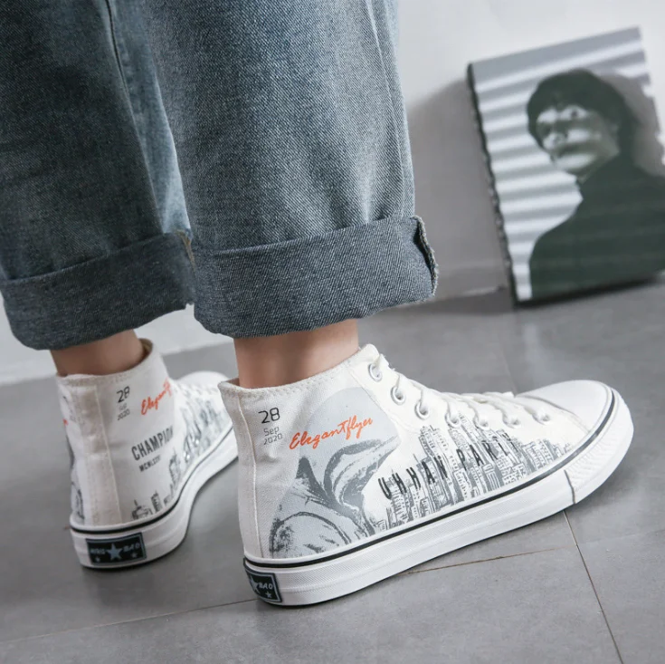 

New trendy men sneakers fashion scrawl print men student school casual canvas board shoes high ankle shoes for men, Black,white
