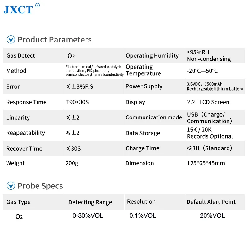 
JXCT High Sensitivity Probe Light/Sound/ Data Multiple Alarms O2 Handheld Gas Detectors Portable Oxygen Analyzer 