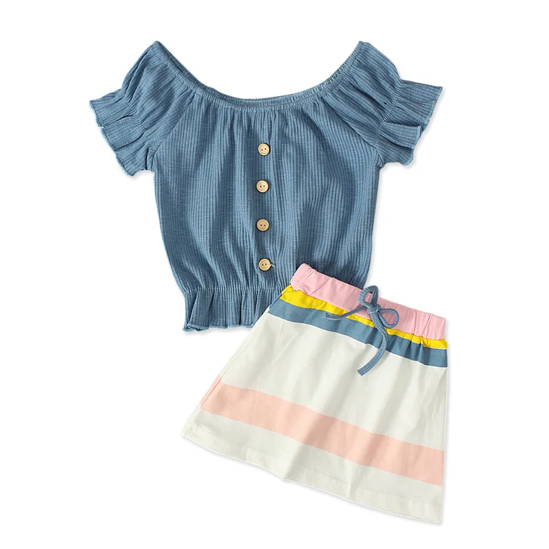 

New Design Outfit Summer Toddler Children Suits Off Shoulder Tops + Striped Skirt 2PCS Kids Girls Sets