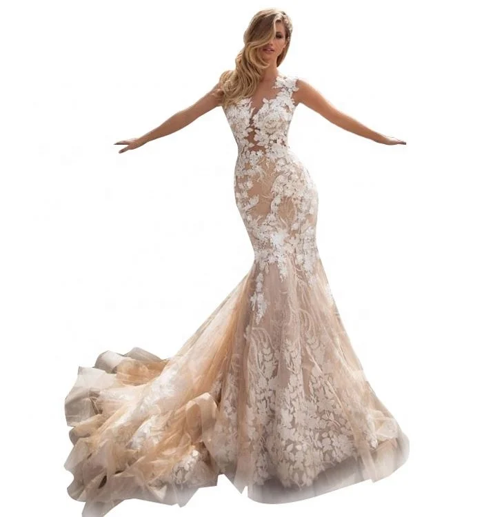 

2021 Crystal Design Wedding Dress Bridal Gown Champagne Prom Dress Mermaid Wedding Dresses, Customized