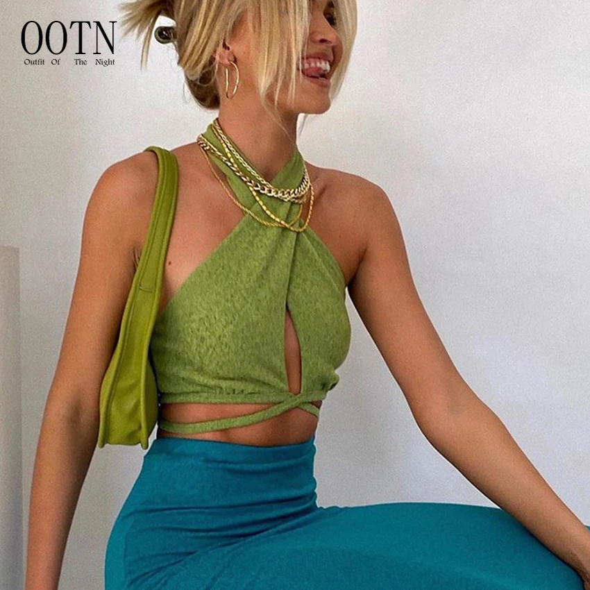 

OOTN Sleeveless Backless Club Party Chic Wrap Cropped Top Slim Streetwear Green Sexy Bandage Halter Crop Tops for Women