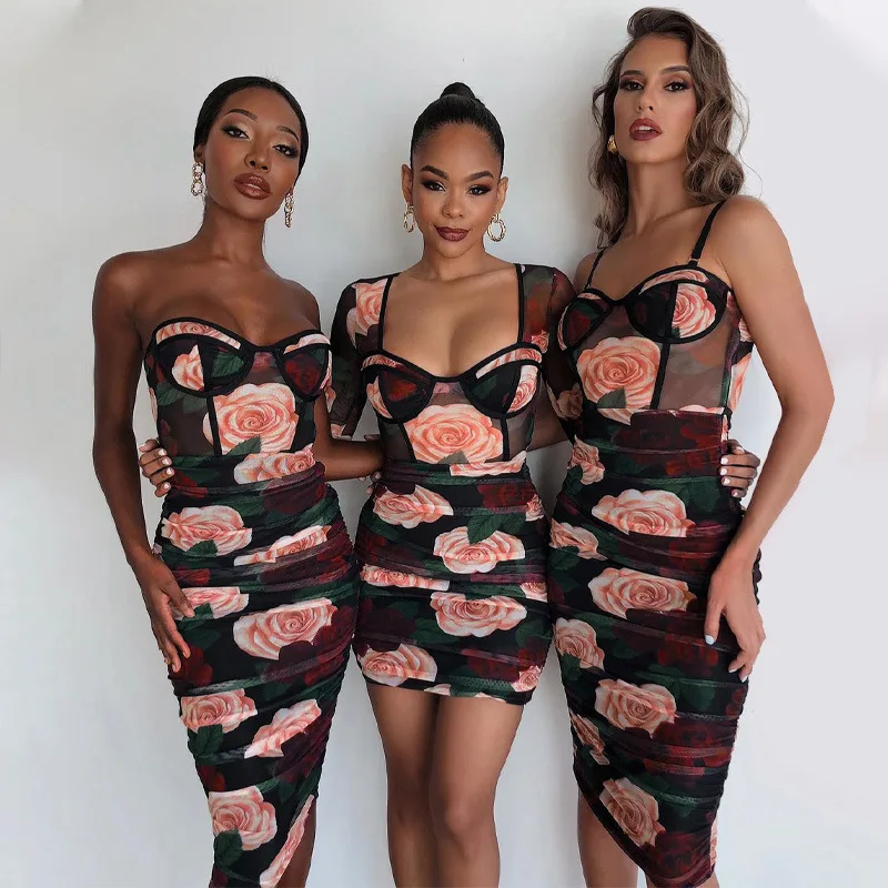 

Floral Bandage Long Sleeve Mini Dress Women Sexy Party Club Bodycon Apparel Elegant Fashion 2021 New Arrival Wholesale Clothes