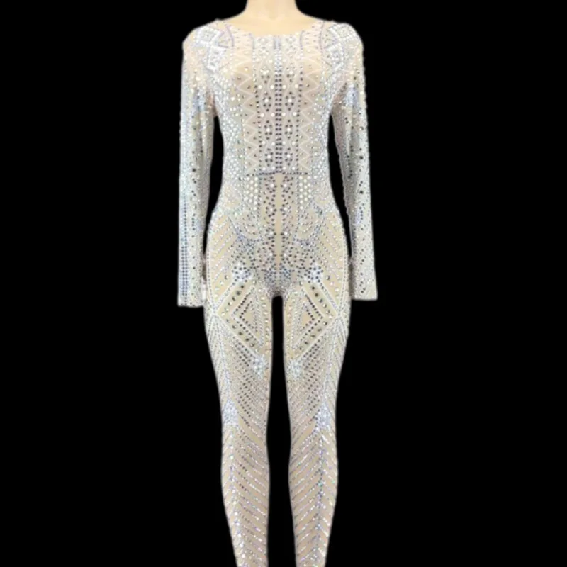 

Sexy See Through Pearl Rhinestone Party Club Outfit Singer Dance Leotard Romper Bodycon Bodysuit Women One Piece Shiny Jumpsuits