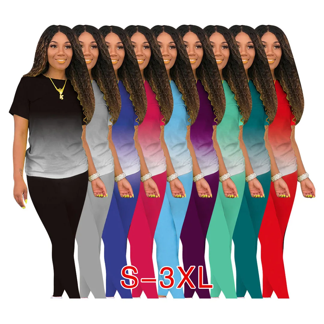 

SA9109 custom logo gradient print short sleeves t shirt track pants 5xl plus size summer cotton women sweatpants suit, As pictures showed