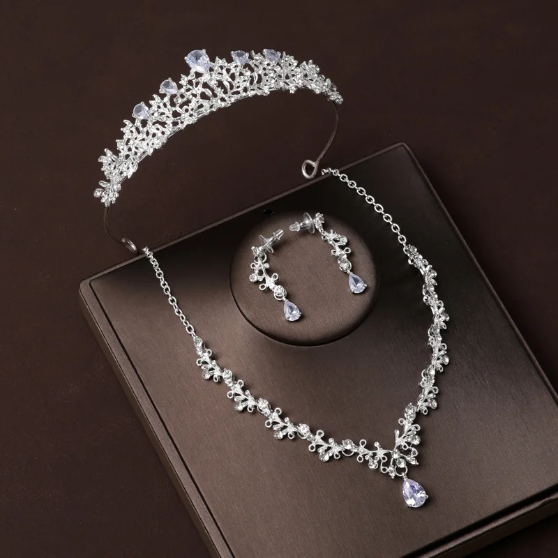 Three-Piece Set Wedding Hair Accessories Earrings and Necklaces for Women Zirconia Jewelry Set Bride Crown Jewelry