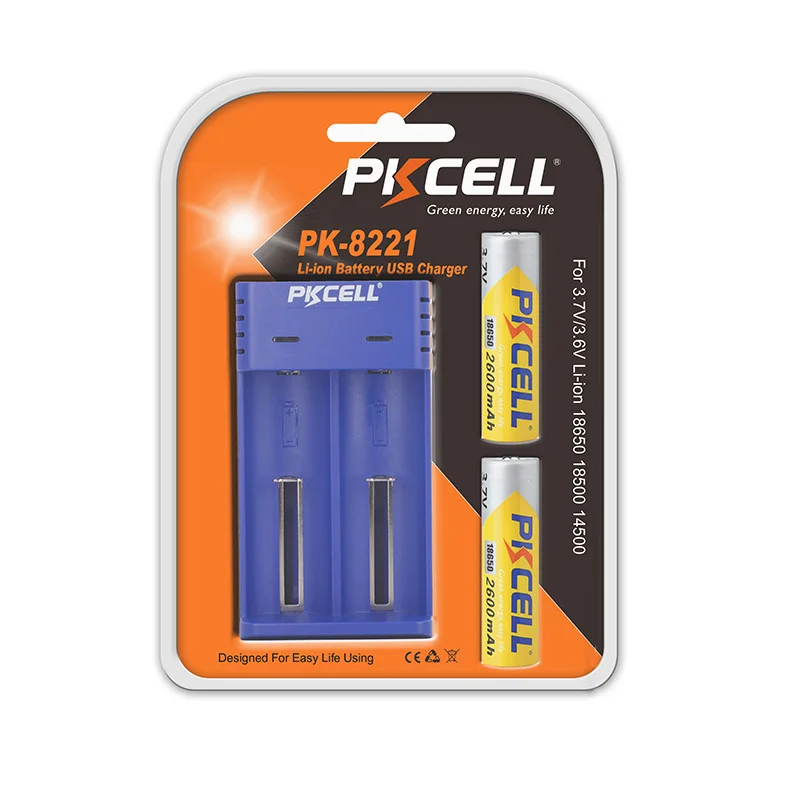 

PKCELL 2021 One set package of charger and 18650 2600mah batteries for retail, Customized