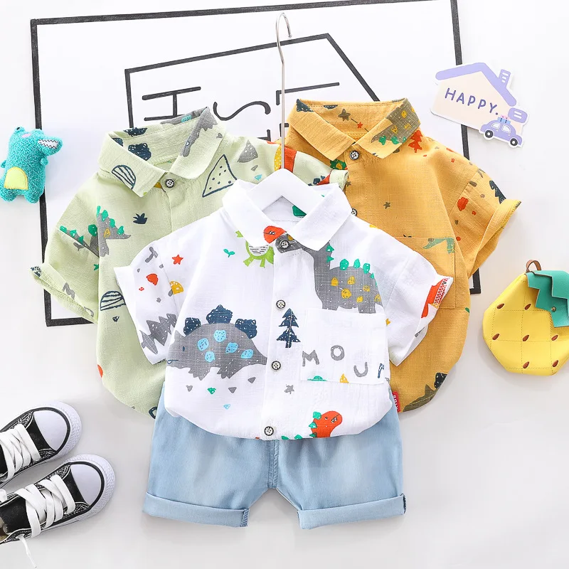 

Summer cartoon print design baby boy shirts with pant 2pcs clothing sets, 3 colors