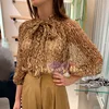 new trends sexy high neck long sleeves leopard print chiffon tops office ladies blouse women bowknot neck lace up