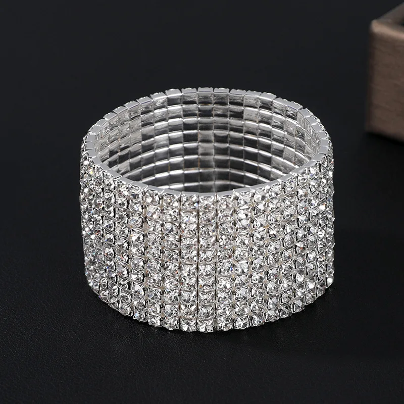 

1 2 3 4 5 6 7 8 9 10 Row Diamond Tennis Bracelet Metal Stacked Jewelry Wristband Stackable Elastic Full Crystal Bracelet Bangles