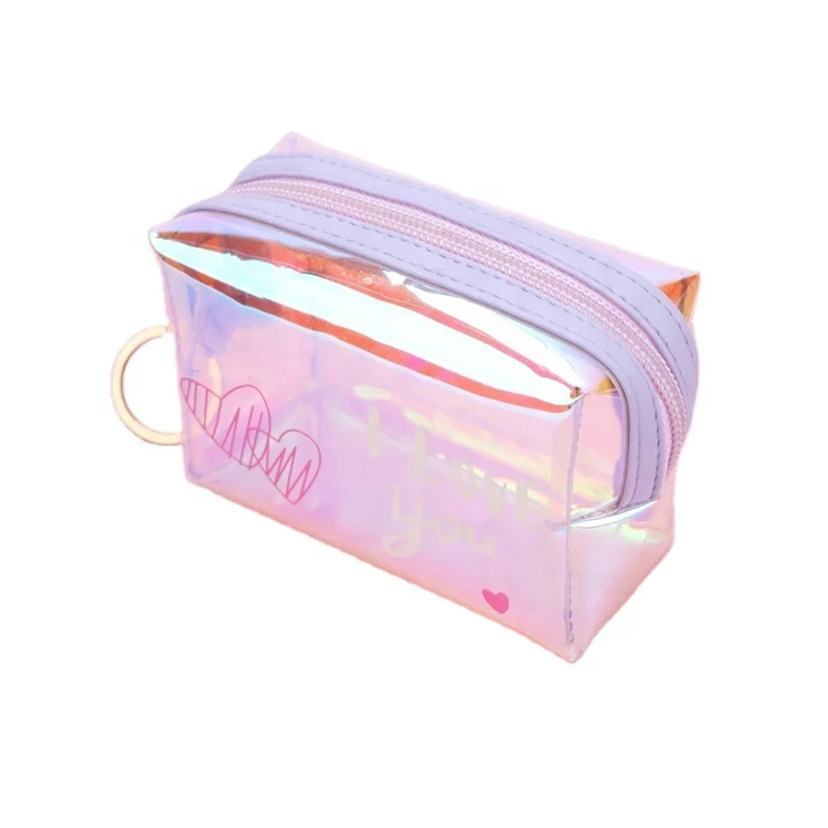 

Mini Small Cute Clear Transparent Pink TPU Custom Girls Holographic PVC Makeup Bags Purse Pouch, Regular color