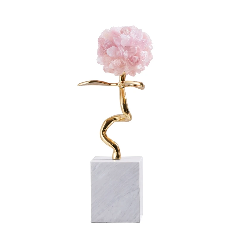 

Pink crystal stone flower ball brass leaf light luxury marble table ornament study dining living room hotel copper decoration