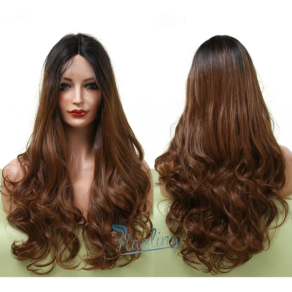 

Fast Delivery Lace Front Synthetic Wavy Wigs Ombre Black Brown Hair Heat Resistant Middle Part Wigs allure romance