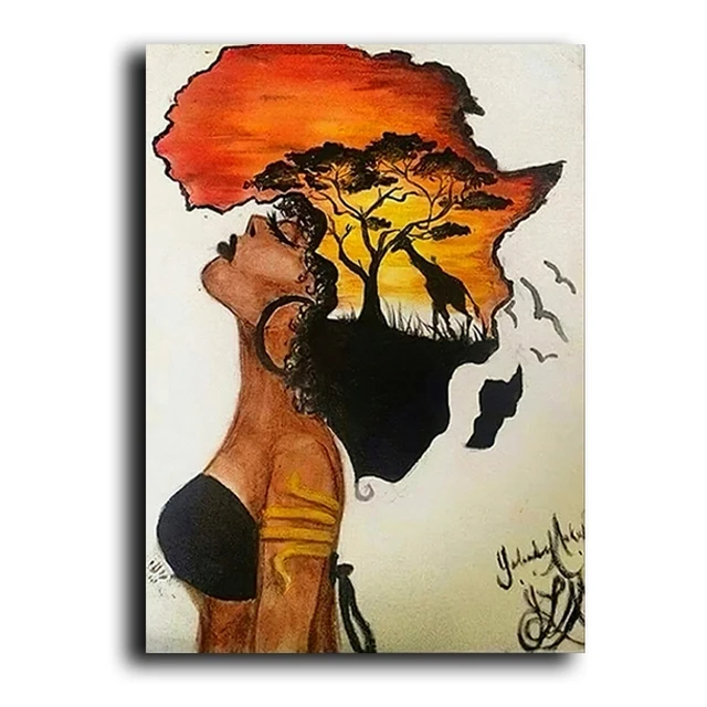 

Classical African Woman Paintings on The Wall Abstract Africa Map Shape Head Wall Art Canvas Prints and Posters For Home Decor