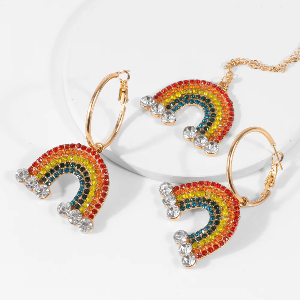 

JUHU New creative rainbow necklace set fashion set glass diamond earrings metal alloy jewelry set wholesale for women, Colorful