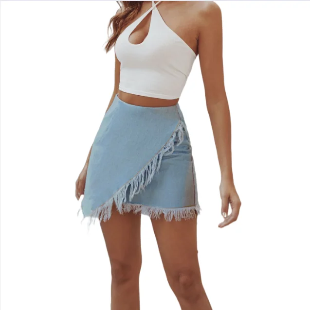 

Sexy Tassel Wrap Short Skirt Irregular Denim Mini Pencil Skirts For Women