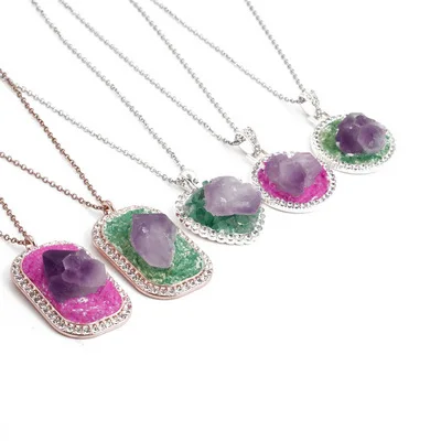 

Natural Stone Amethyst Quartz Link Chain Necklace Handmade Crystal Pendants Chokers For Women, As picture