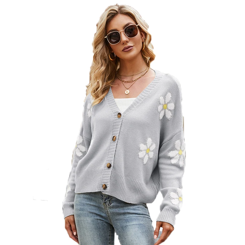 

2021 autumn and winter new women's knitted coat loose print flower casual long sleeve cardigan sweater for women