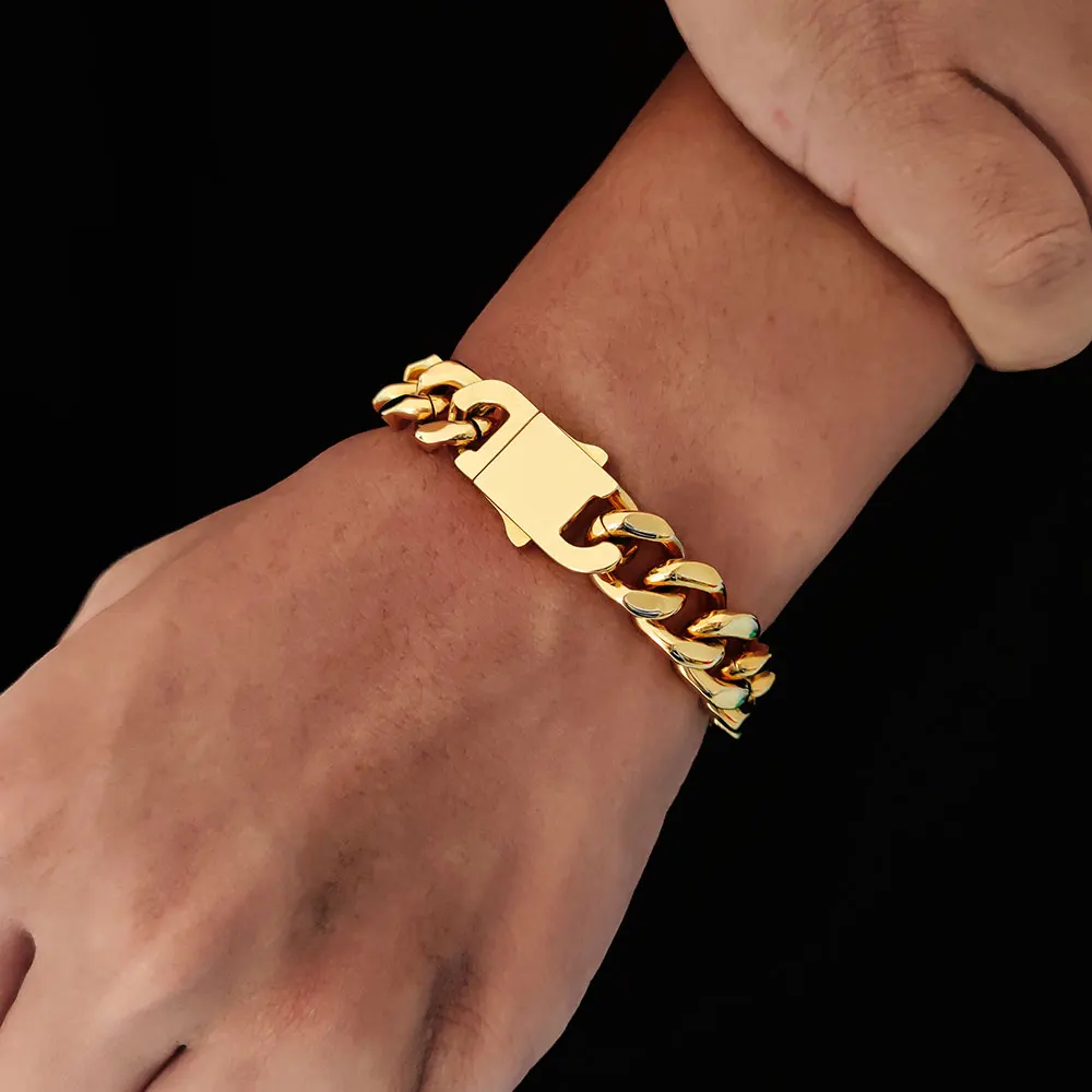 

Hip Hop Jewelry Stainless Steel Bracelet Men Bracciale Acciaio 18k Gold Plated Cuban Link Bracelet, Gold color/silver color