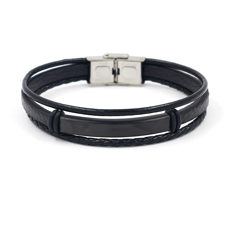 

Custom Logo Black Stainless Steel Multilayer Adjustable Size Genuine Leather Bracelet for Man, As picture