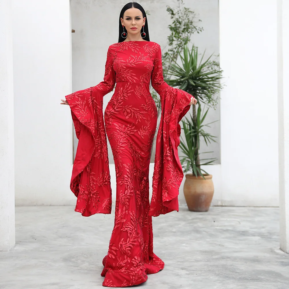 

ADYABY Vestidos Ninas Elegant Sexy Mermaid Embroidered Red Long Sleeve Vintage Muslim Appliqued Prom Dresses 2021, Black