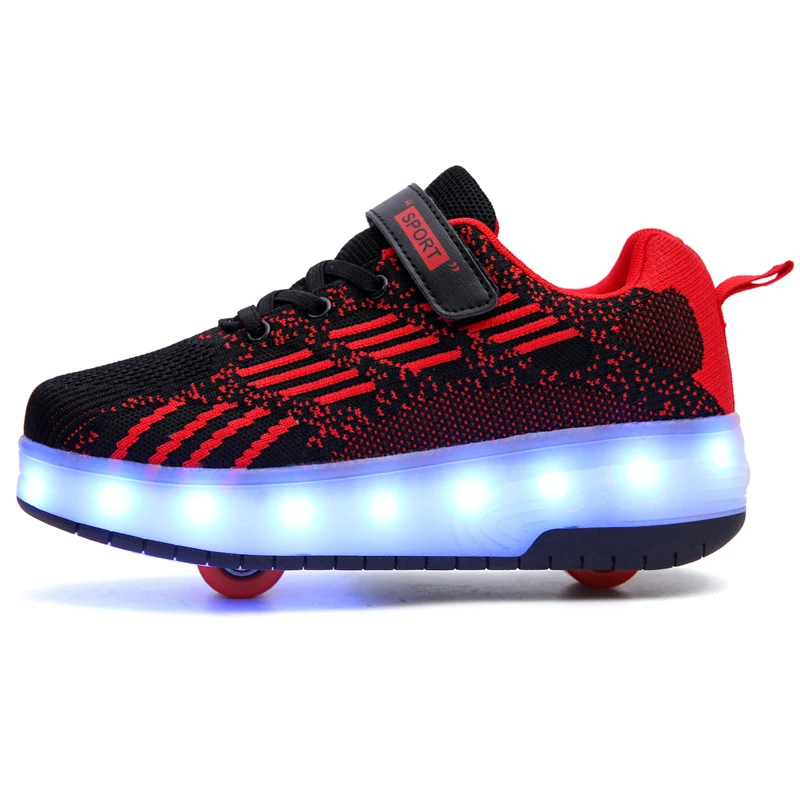 

Kids LED USB Charging Light up Rechargeable Roller Sneakers for Girls Boys Roller Skate Shoes with Double Wheels Shoes, Black-red, black-white, pink, white