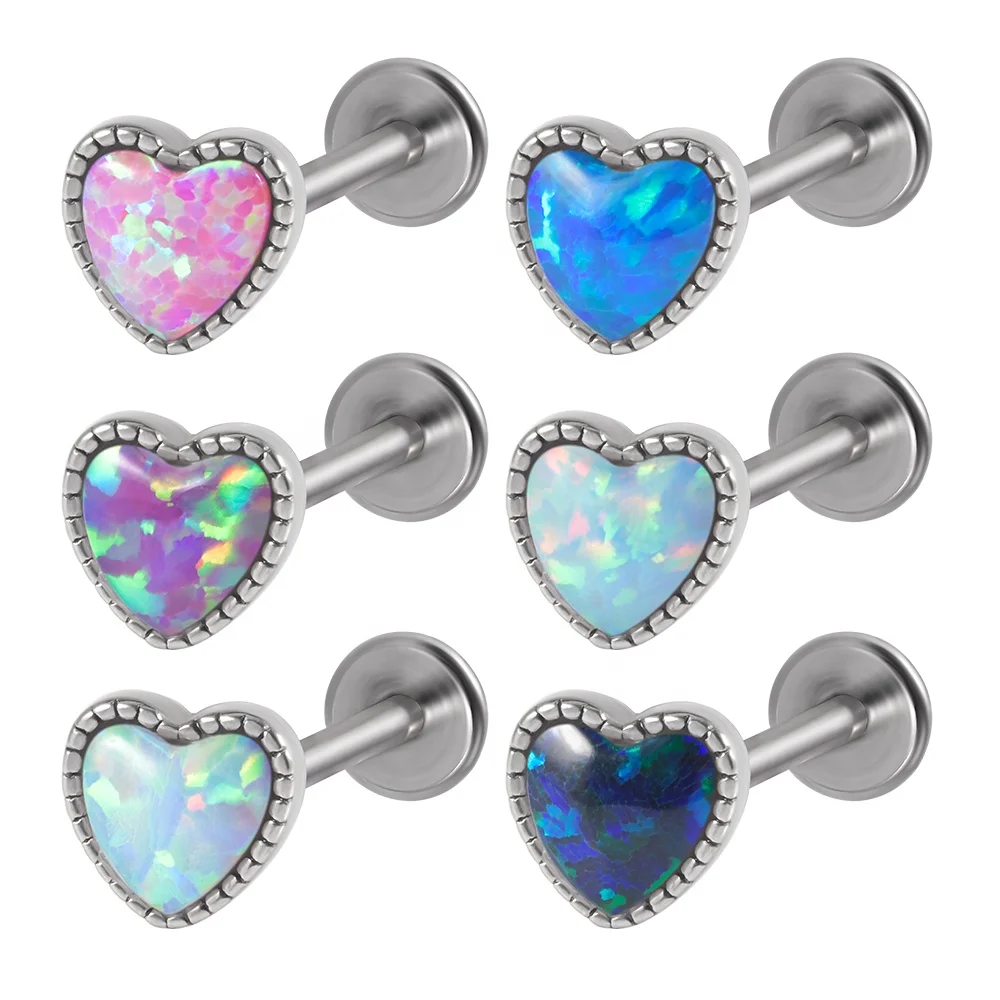 

Stainless Steel Heart Opal Labret Lip Stud Fire Opal Ear Cartilage Daith Earrings Tragus Helix Piercing Body Jewelry 16G