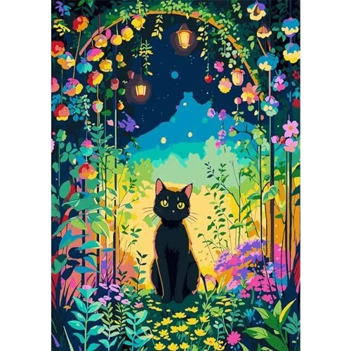 Black Cat in Flowers Diamond Art Kit Handpainted Mosaic Art Puzzle with Fabric and Crystal Beads DIY Painting Accessories