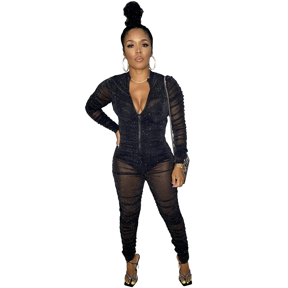 

2021 Fashionable bodysuit long-sleeved suspenders halter bodycon casual one-piece sexy jumpsuit