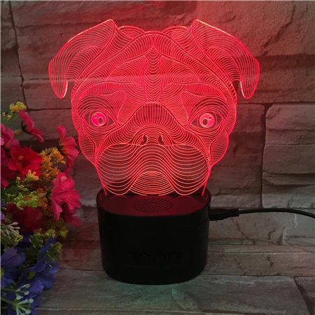 Portable Nightlight With Wireless Music Speaker 5 Colour Change LED Night Lamp Cute Animal Pug 3D LED Night Light