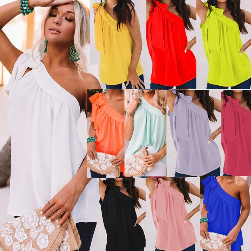 

Free Shipping T457 Ladies Tops Casual Solid One Shoulder Blouse Sleeveless Sexy Summer Women Clothing