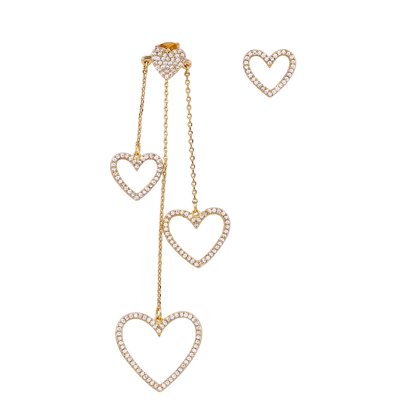 

me0074 Girls Unbalanced Zircon Gold Heart Earring Tassel Diamond Gold Earring Women