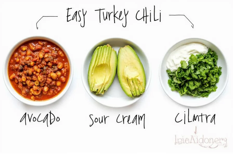Serving suggestions for easy turkey chili with toppings like avocado, sour cream, and cilantro