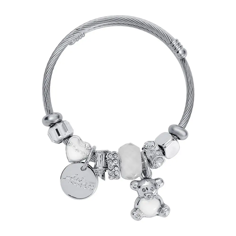 

Romantic Bear Charm Bracelet With Client's Own Logo Engraved Stainless Steel Jewelry 2022 Hot Selling Lady Fashion Cuff Bracelet