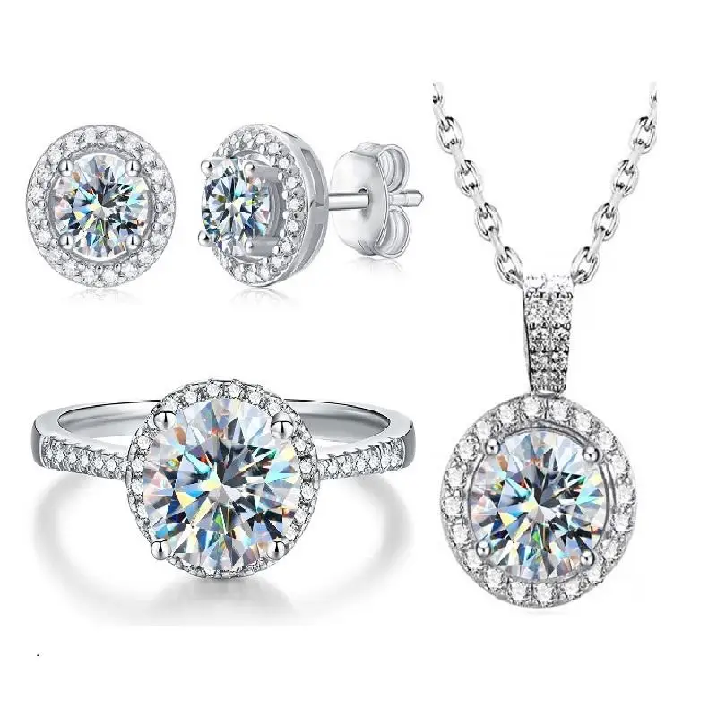 

Gra vvs diamond 1ct 6.5mm round halo real moissanite ring earring necklace 925 sterling silver women engagement fine jewelry set