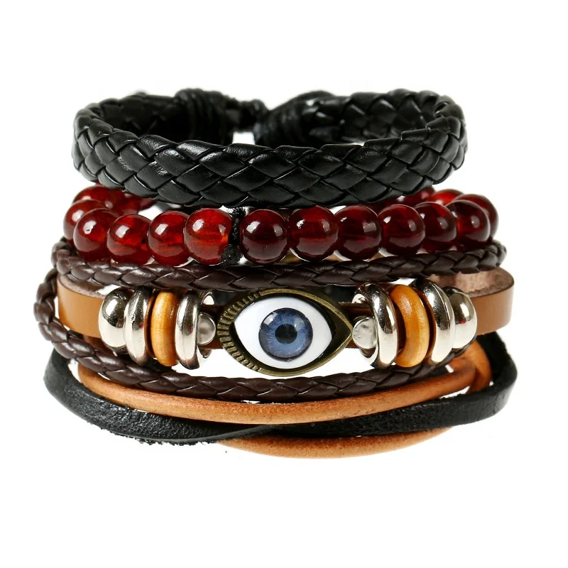 

Hot popular multi-layer devil eye lucky wristbands DIY mens braided leather bracelet set, Picture shows