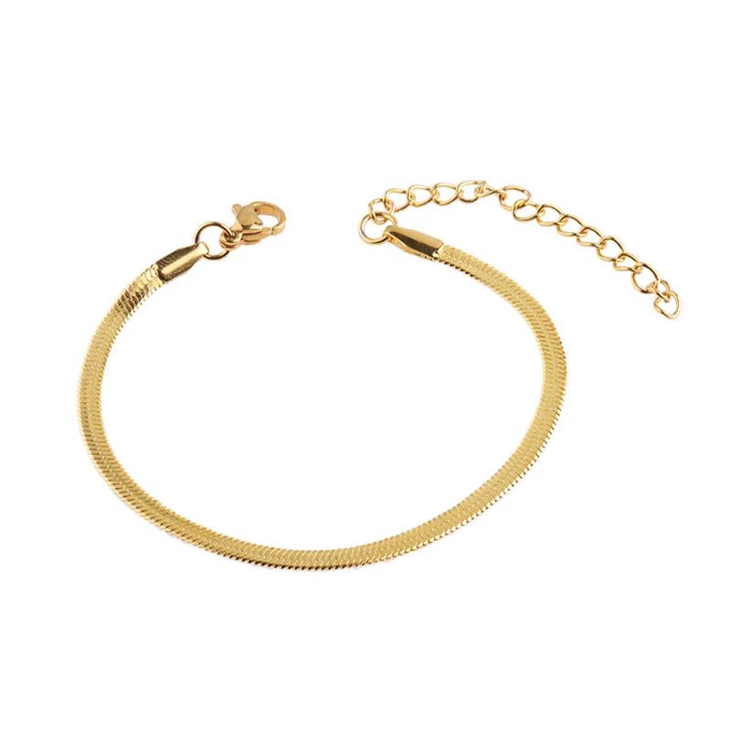 

Bulk Women fashion Adjustable Gold Plated Stainless Steel 3mm Flat Snake Chain Bracelet, 18k gold, silver