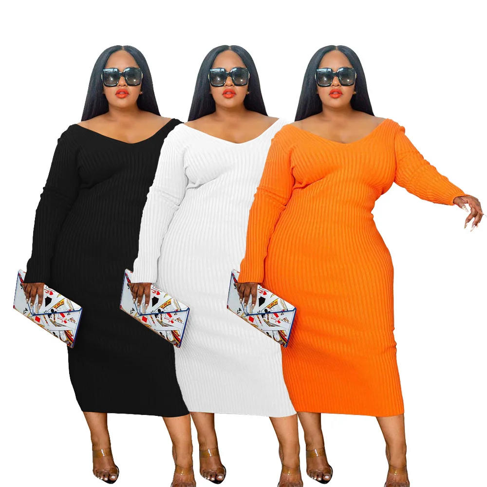 

PSD2161 Bulk Wholesale Orange White Black Elegant Plus Size Women Maxi Long Sleeves Dresses, As show